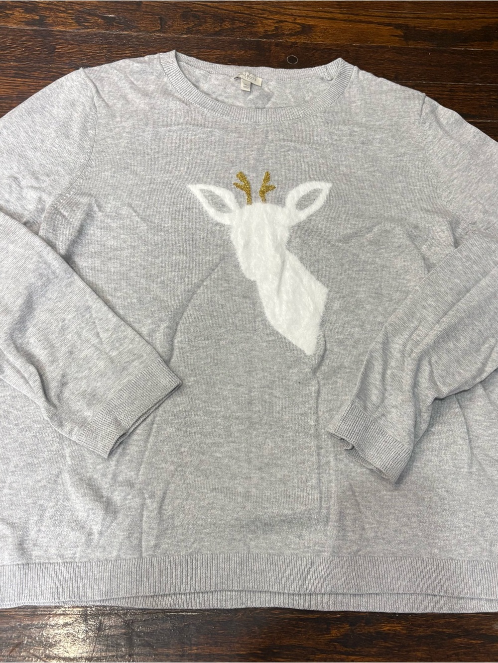 Talbots Gray Women's Crewneck Sweater with White Deer and Gold Antlers